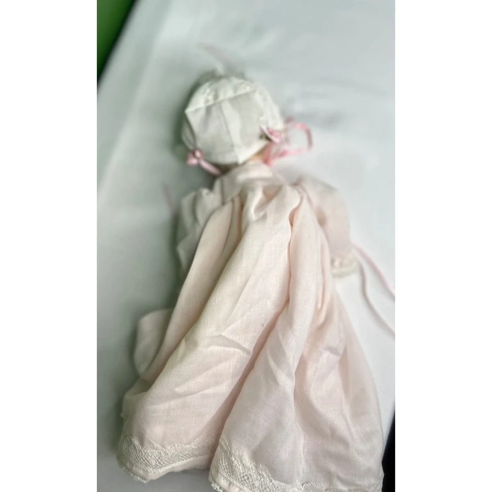 Vintage Porcelain Baby Doll Pink Lace Gown Bonnet Hand Painted Blue Eyes Blonde